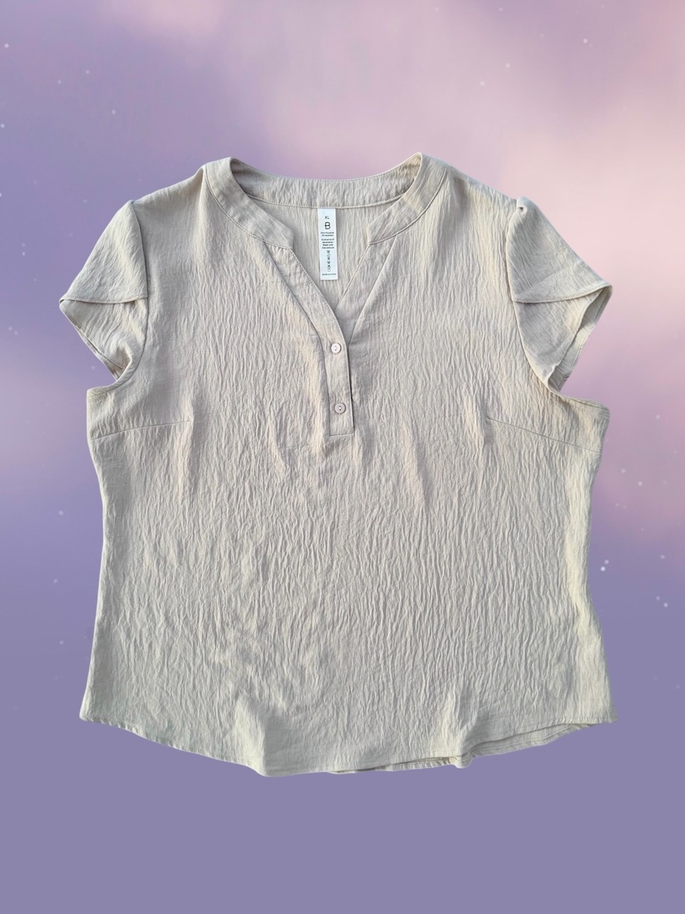 B Women’s Cream Crepe Flutter Sleeve V-Neck Lightweight Flowy Henley Blouse ~ XL
